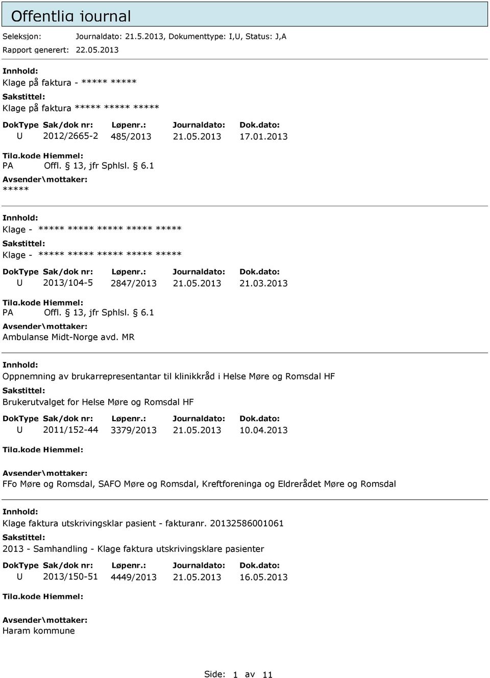 MR 21.03.2013 Oppnemning av brukarrepresentantar til klinikkråd i Helse Møre og Romsdal HF Brukerutvalget for Helse Møre og Romsdal HF 2011/152-44 3379/2013 10.04.