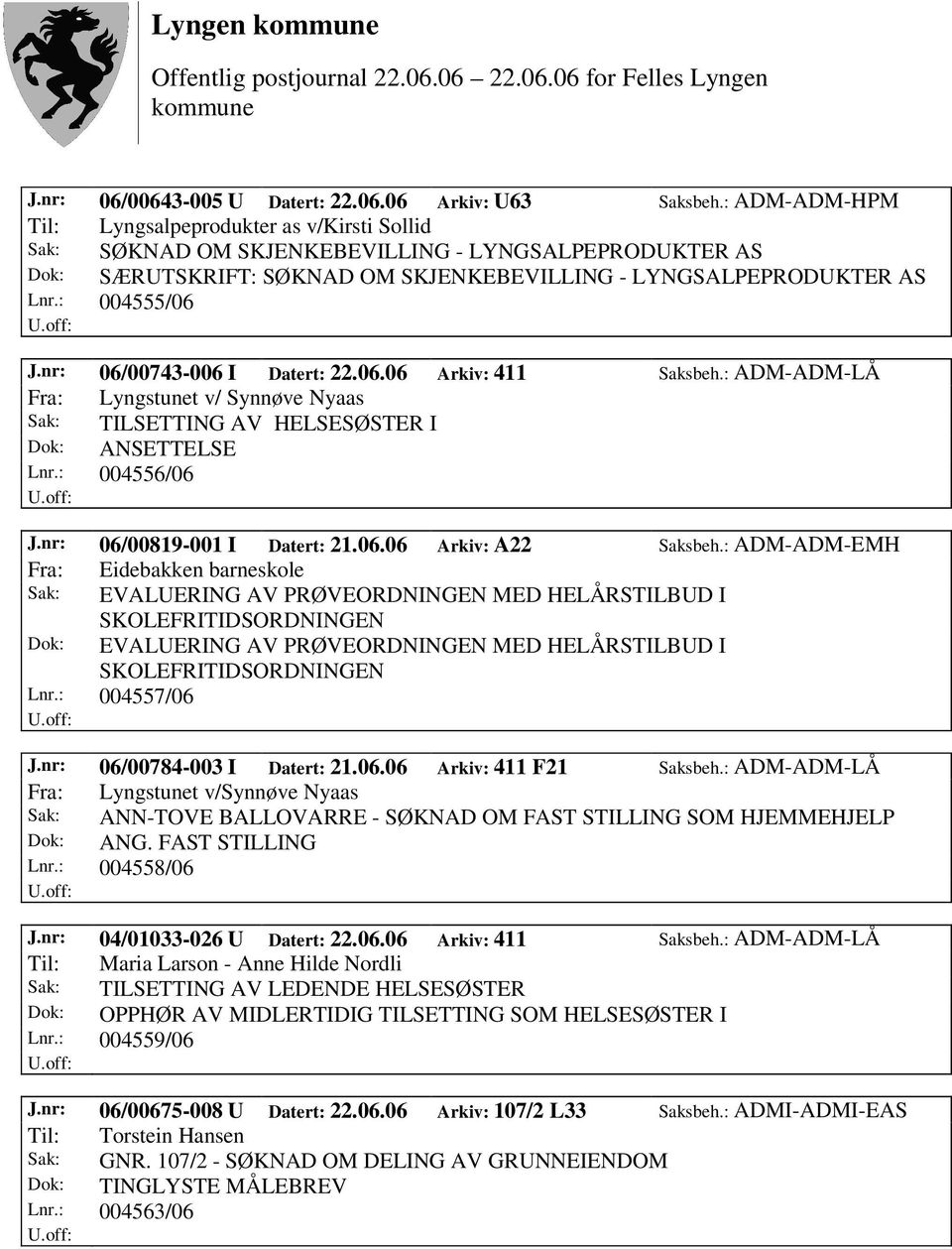 nr: 06/00743-006 I Datert: 22.06.06 Arkiv: 411 Saksbeh.: ADM-ADM-LÅ Fra: Lyngstunet v/ Synnøve Nyaas Sak: TILSETTING AV HELSESØSTER I Dok: ANSETTELSE Lnr.: 004556/06 J.nr: 06/00819-001 I Datert: 21.