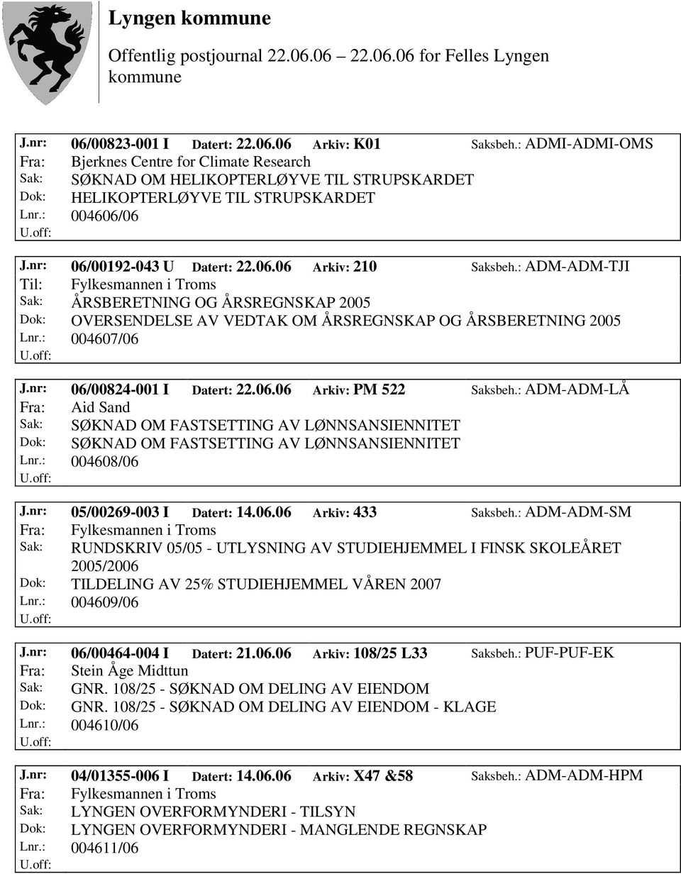 : ADM-ADM-TJI Til: Fylkesmannen i Troms Sak: ÅRSBERETNING OG ÅRSREGNSKAP 2005 Dok: OVERSENDELSE AV VEDTAK OM ÅRSREGNSKAP OG ÅRSBERETNING 2005 Lnr.: 004607/06 J.nr: 06/00824-001 I Datert: 22.06.06 Arkiv: PM 522 Saksbeh.