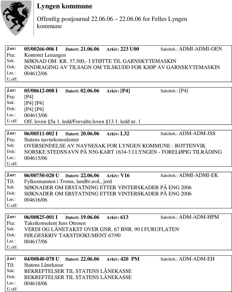 : [P4] Fra: [P4] Sak: [P4] [P4] Dok: [P4] [P4] Lnr.: 004613/06 Off. loven 5a 1. ledd/forvaltn.loven 13 1. ledd nr. 1 J.nr: 06/00511-002 I Datert: 20.06.06 Arkiv: L32 Saksbeh.