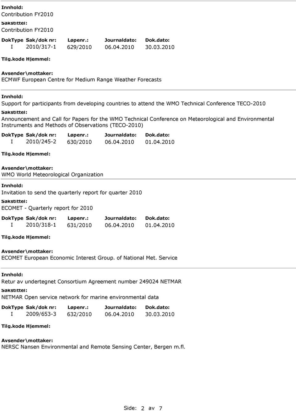 the WMO Technical Conference on Meteorological and Environmental nstruments and Methods of Observations (TECO-2010) 2010/245-2 630/2010 01.04.