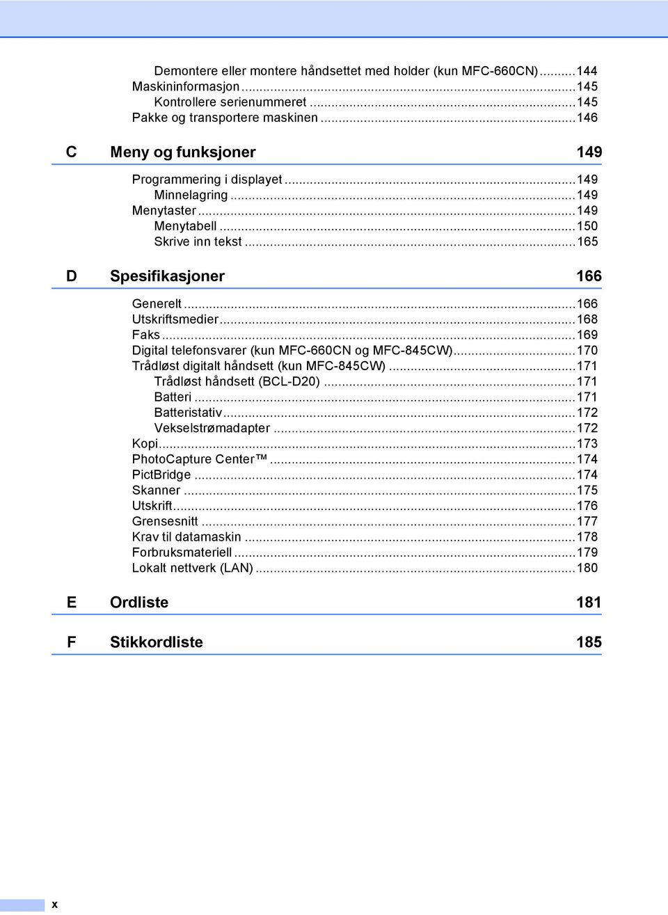 ..168 Faks...169 Digital telefonsvarer (kun MFC-660CN og MFC-845CW)...170 Trådløst digitalt håndsett (kun MFC-845CW)...171 Trådløst håndsett (BCL-D20)...171 Batteri...171 Batteristativ.
