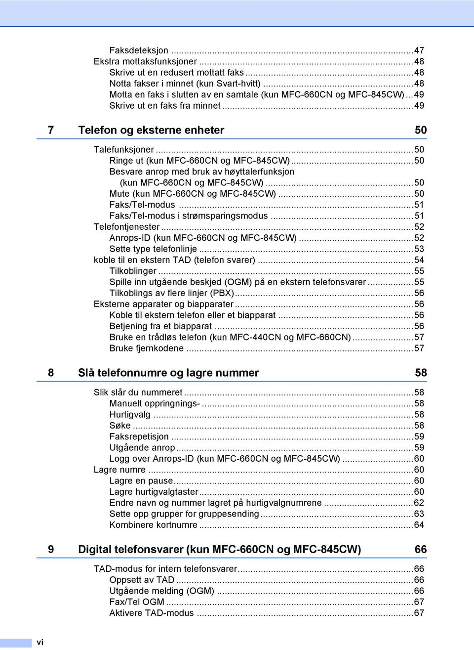 ..50 Besvare anrop med bruk av høyttalerfunksjon (kun MFC-660CN og MFC-845CW)...50 Mute (kun MFC-660CN og MFC-845CW)...50 Faks/Tel-modus...51 Faks/Tel-modus i strømsparingsmodus...51 Telefontjenester.