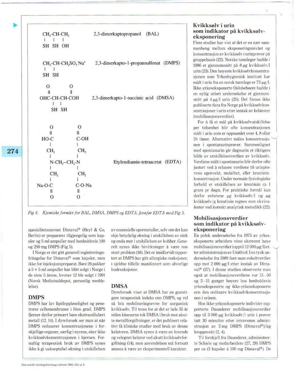 spesialilelsnavnet Dimavar~ (Heyl & C, Berl in) er prcparatet tilgjengelig sm kapsler g 5 ml-ampuller m henhldsvis 100 g 250 mg DMPS (Fig 5).