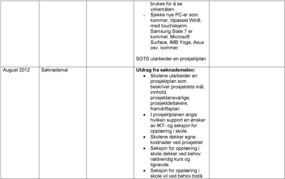 SOTS utarbeider en prosjektplan August 2012 Søknadsmal Utdrag fra søknadsmalen: Skolene utarbeider en prosjektplan som beskriver prosjektets mål, innhold,