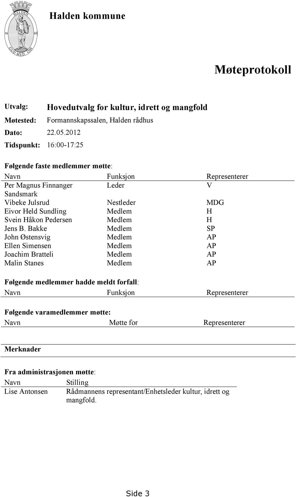 Leder V Sandsmark Vibeke Julsrud Nestleder MDG Eivor Held Sundling Medlem H Svein Håkon Pedersen Medlem H Jens B.