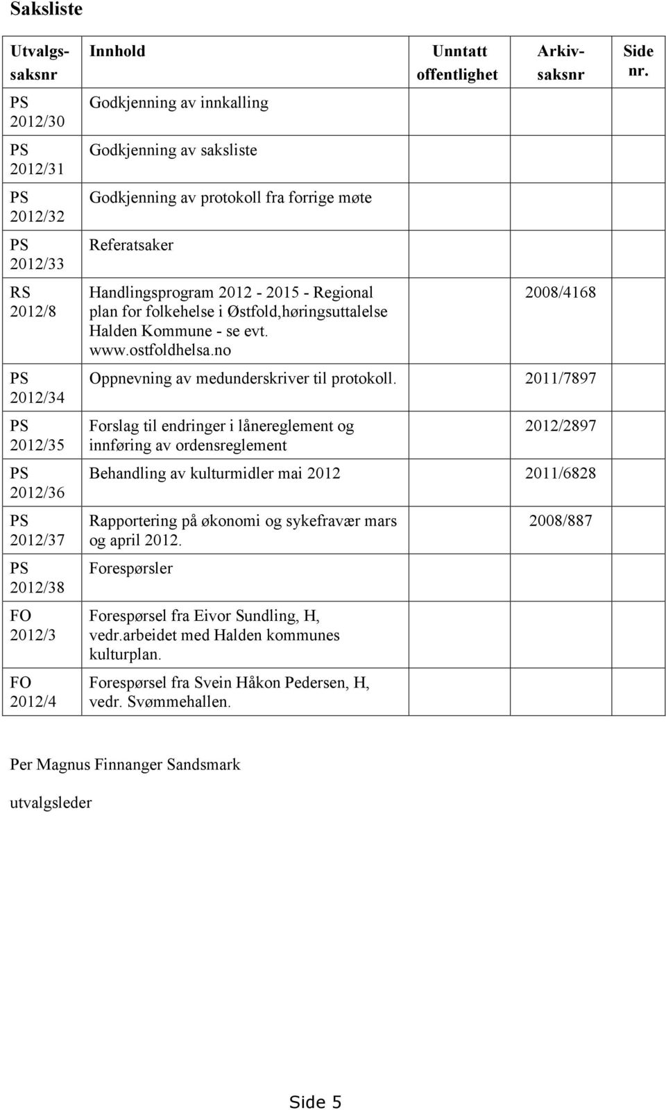 no Unntatt offentlighet Utvalgssaksnr Arkivsaksnr 2008/4168 Oppnevning av medunderskriver til protokoll.