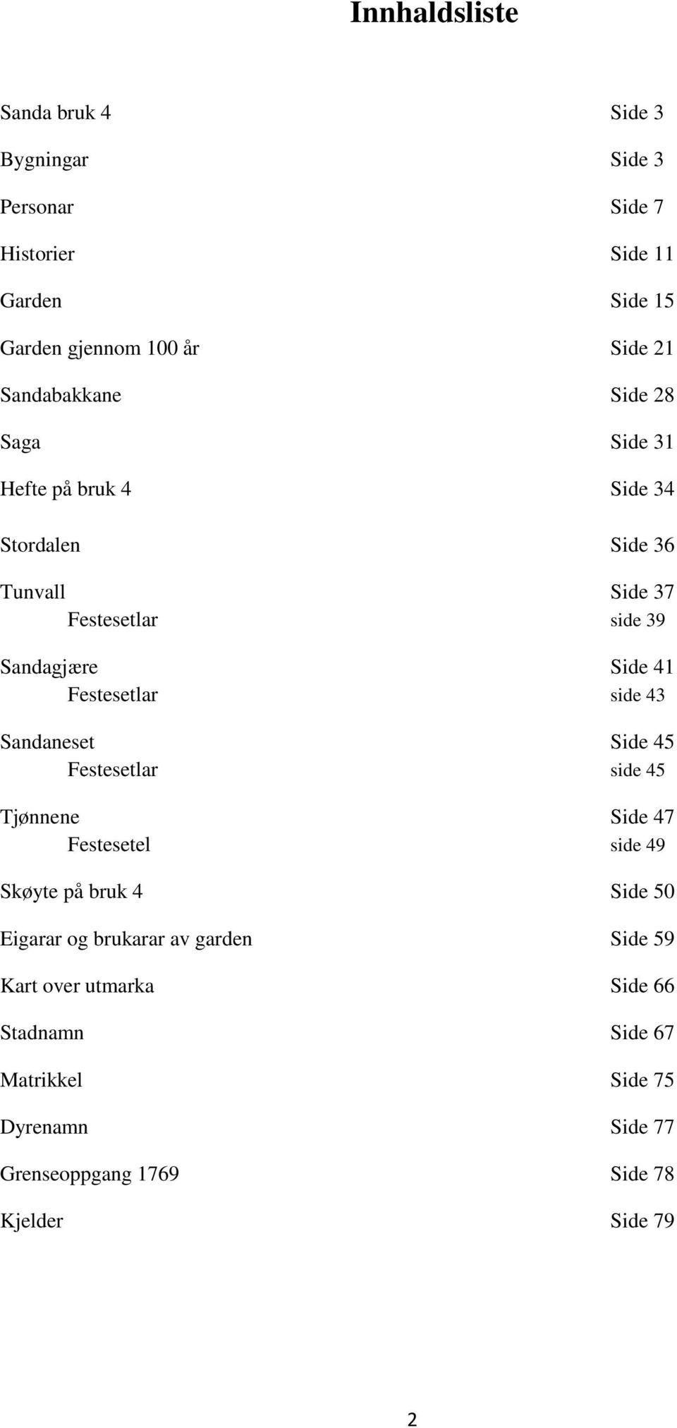 Festesetlar side 43 Sandaneset Side 45 Festesetlar side 45 Tjønnene Side 47 Festesetel side 49 Skøyte på bruk 4 Side 50 Eigarar og