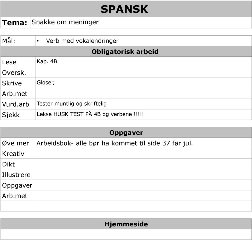 arb Tester muntlig og skriftelig Sjekk Lekse HUSK TEST PÅ 4B og