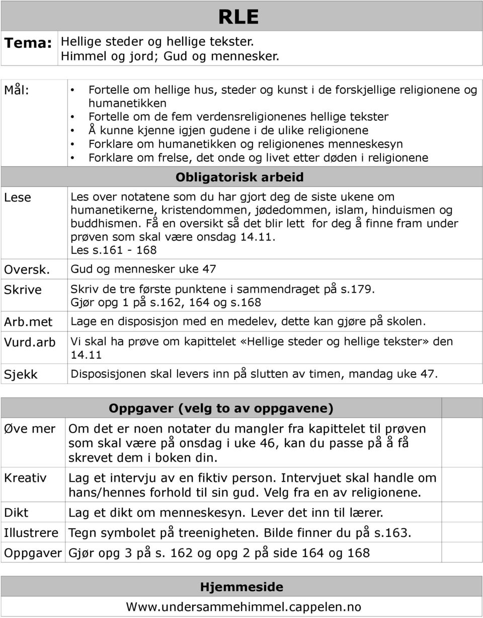 Forklare om humanetikken og religionenes menneskesyn Forklare om frelse, det onde og livet etter døden i religionene Lese Les over notatene som du har gjort deg de siste ukene om humanetikerne,