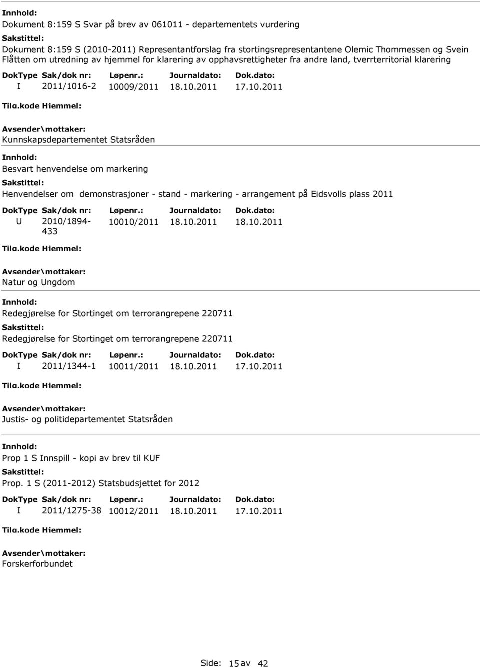 Henvendelser om demonstrasjoner - stand - markering - arrangement på Eidsvolls plass 2011 Sak/dok nr: 2010/1894-433 Løpenr.