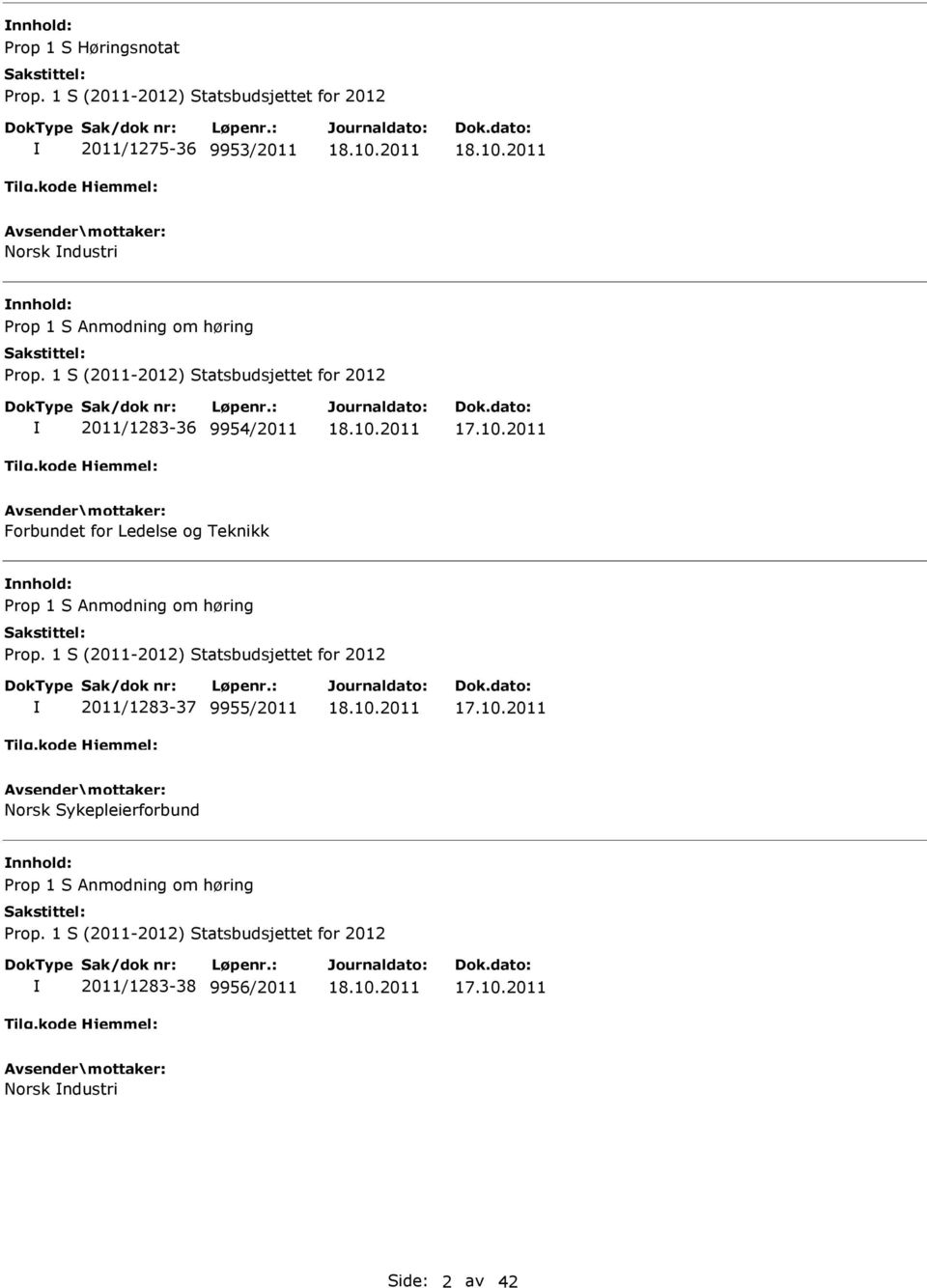 S Anmodning om høring 2011/1283-37 9955/2011 Norsk Sykepleierforbund nnhold: