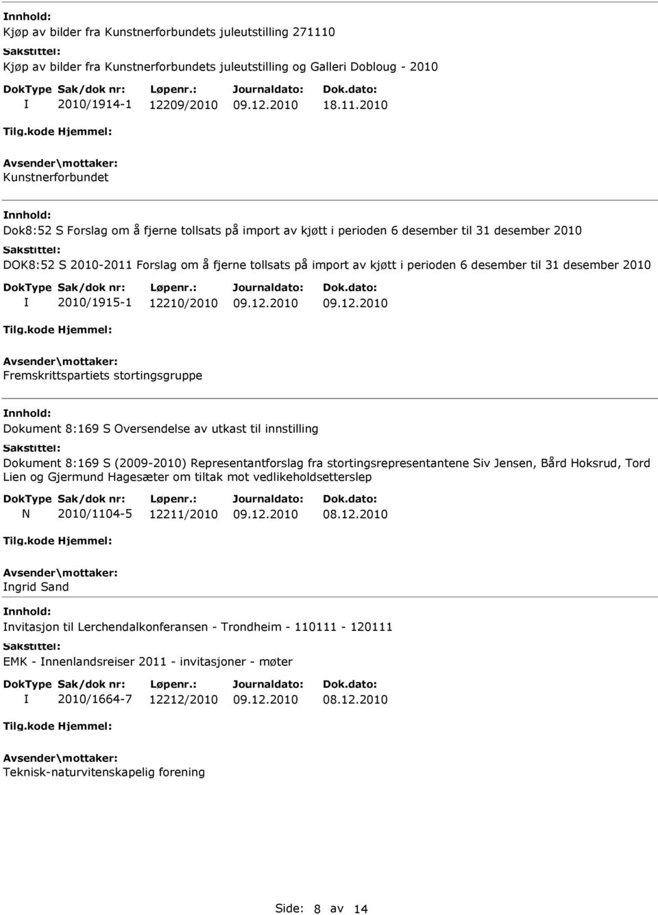 2010 Kunstnerforbundet Dok8:52 S Forslag om å fjerne tollsats på import av kjøtt i perioden 6 desember til 31 desember 2010 DOK8:52 S 2010-2011 Forslag om å fjerne tollsats på import av kjøtt i