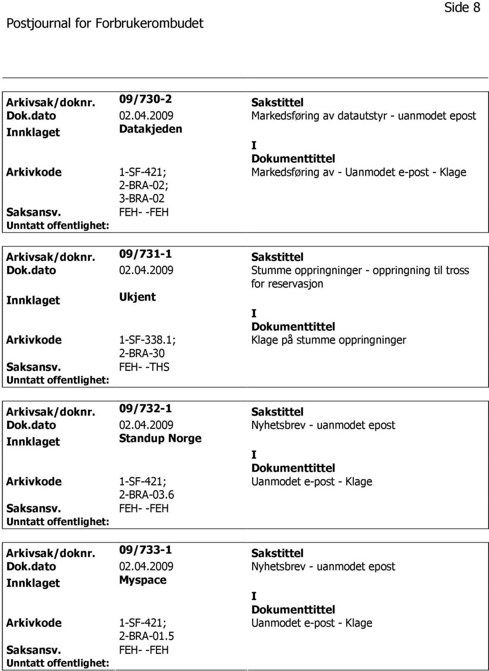 09/731-1 Sakstittel Dok.dato 02.04.2009 Stumme oppringninger - oppringning til tross for reservasjon nnklaget kjent 1-SF-338.