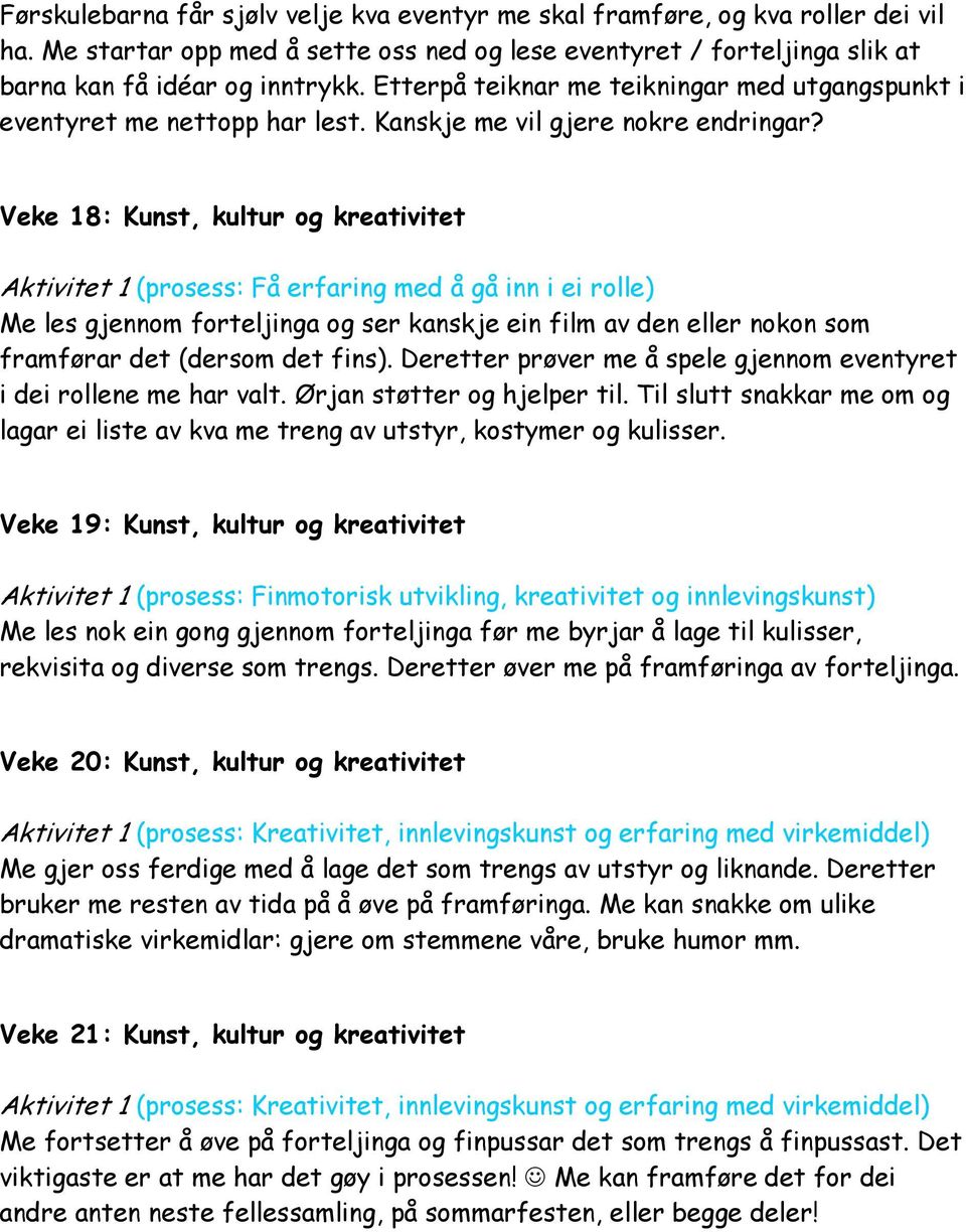 Veke 18: Kunst, kultur og kreativitet Aktivitet 1 (prosess: Få erfaring med å gå inn i ei rolle) Me les gjennom forteljinga og ser kanskje ein film av den eller nokon som framførar det (dersom det