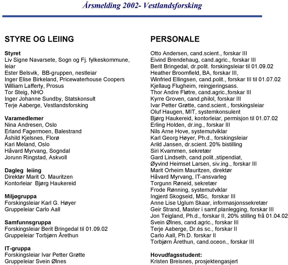 Vestlandsforsking Varamedlemer Nina Andresen, Oslo Erland Fagermoen, Balestrand Åshild Kjelsnes, Florø Kari Meland, Oslo Håvard Myrvang, Sogndal Jorunn Ringstad, Askvoll Dagleg leiing Direktør Marit