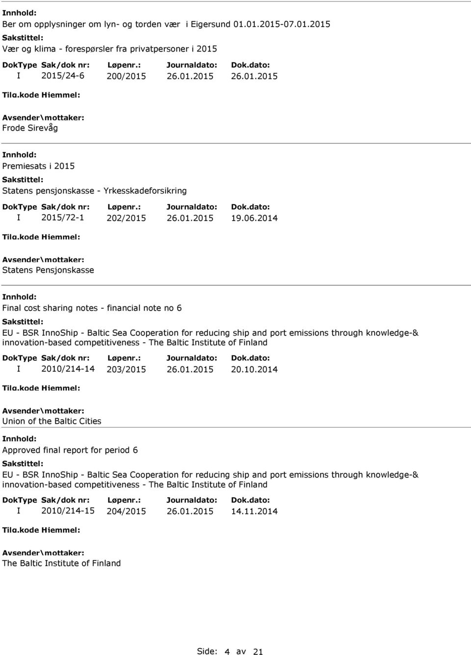 2014 Statens ensjonskasse Final cost sharing notes - financial note no 6 E - BSR nnoship - Baltic Sea Cooperation for reducing ship and port emissions through knowledge-& innovation-based