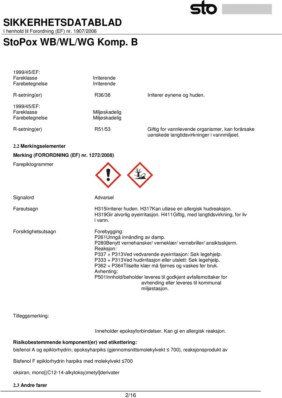 2 Merkingselementer Merking (FORORDNING (EF) nr. 1272/2008) Farepiktogrammer Signalord Fareutsagn Forsiktighetsutsagn Advarsel H315Irriterer huden. H317Kan utløse en allergisk hudreaksjon.