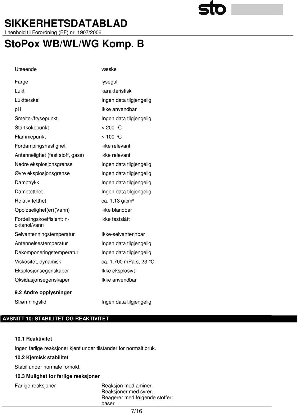 Dekomponeringstemperatur ikke relevant ikke relevant ca. 1,13 g/cm³ ikke blandbar ikke fastslått Ikke-selvantennbar Viskositet, dynamisk ca. 1.700 mpa.