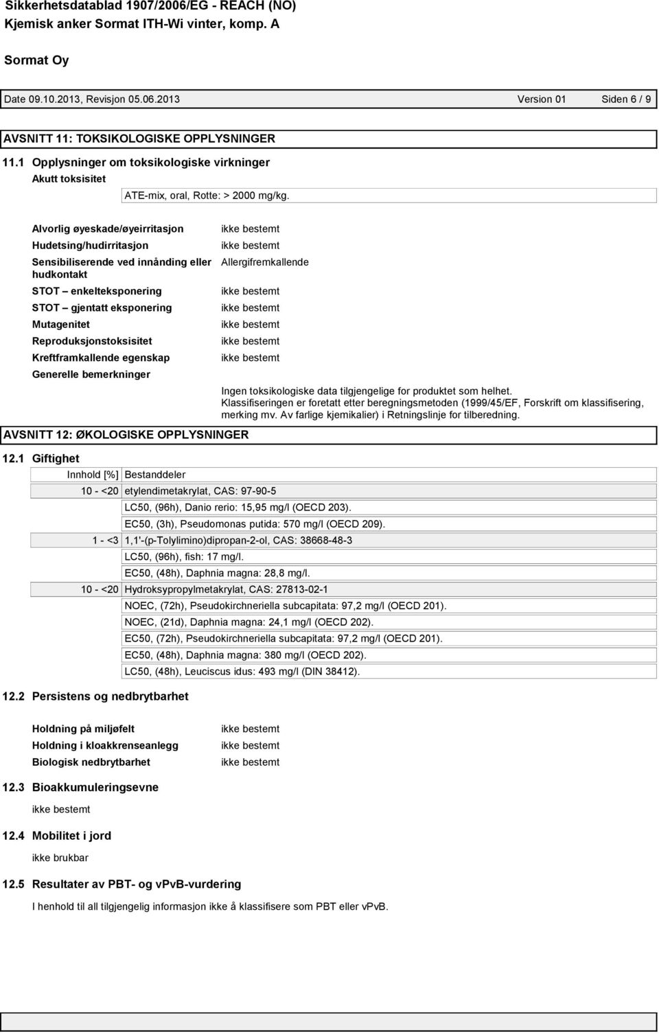 Kreftframkallende egenskap Generelle bemerkninger Allergifremkallende Ingen toksikologiske data tilgjengelige for produktet som helhet.