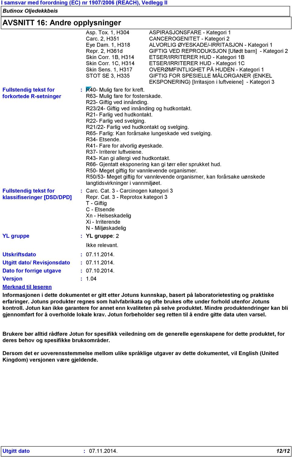 2, H361d GIFTIG VED REPRODUKSJON [Ufødt barn] - Kategori 2 Skin Corr. 1B, H314 ETSER/IRRITERER HUD - Kategori 1B Skin Corr. 1C, H314 ETSER/IRRITERER HUD - Kategori 1C Skin Sens.