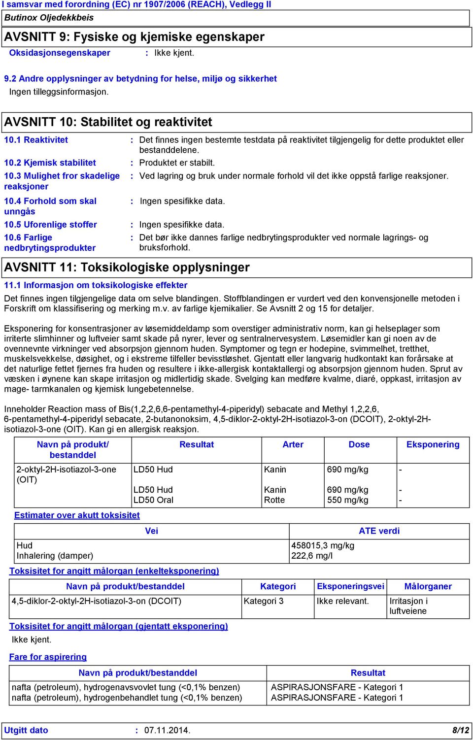 4 Forhold som skal unngås 10.5 Uforenlige stoffer 10.6 Farlige nedbrytingsprodukter 2-oktyl-2H-isotiazol-3-one (OIT) Ved lagring og bruk under normale forhold vil det ikke oppstå farlige reaksjoner.