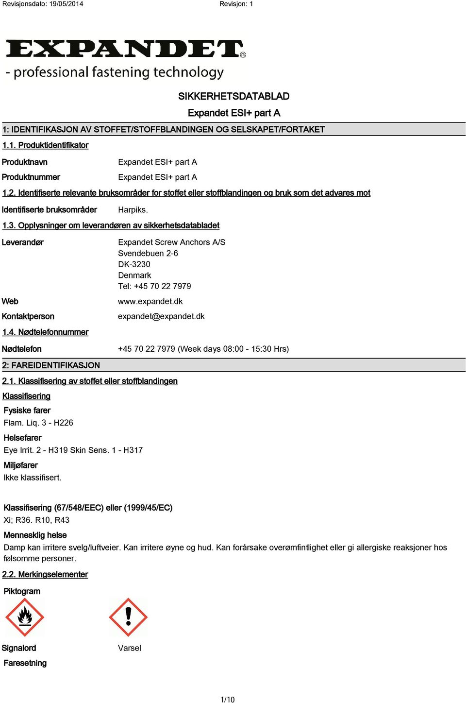 Opplysninger om leverandøren av sikkerhetsdatabladet Leverandør Web Kontaktperson Expandet Screw Anchors A/S Svendebuen 2-6 DK-3230 Denmark Tel: +45 70 22 7979 www.expandet.dk expandet@expandet.dk 1.