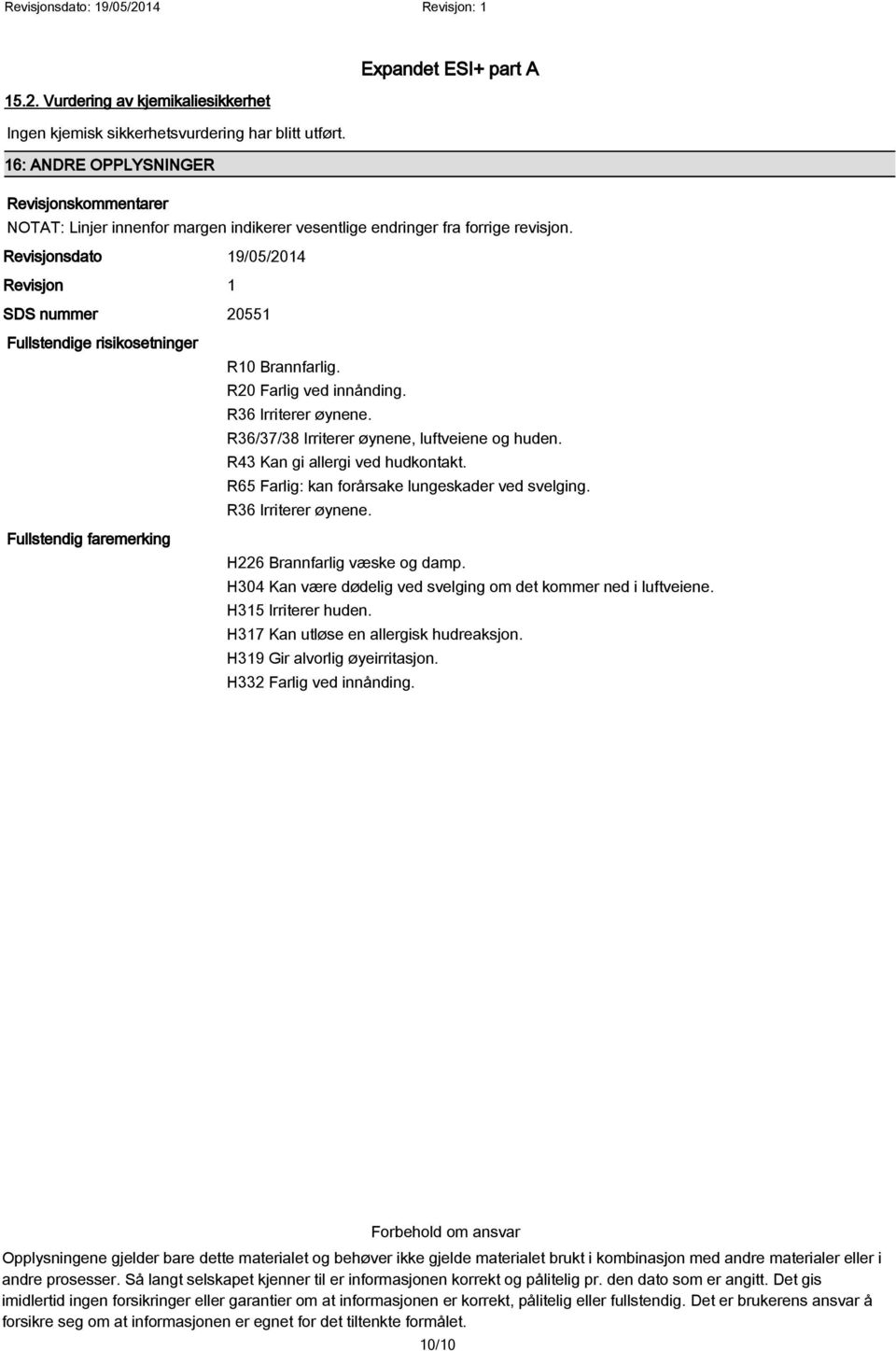 Revisjonsdato 19/05/2014 Revisjon 1 SDS nummer 20551 Fullstendige risikosetninger R10 Brannfarlig. R20 Farlig ved innånding. R36 Irriterer øynene. R36/37/38 Irriterer øynene, luftveiene og huden.