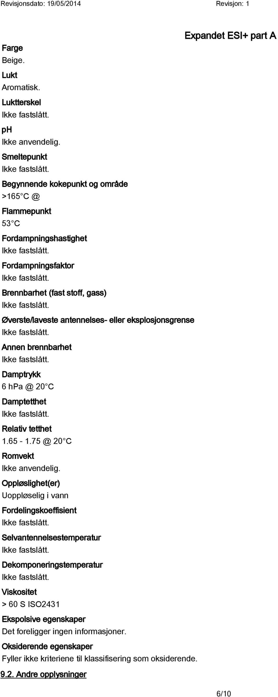 antennelses- eller eksplosjonsgrense Annen brennbarhet Damptrykk 6 hpa @ 20 C Damptetthet Relativ tetthet 1.65-1.75 @ 20 C Romvekt Ikke anvendelig.