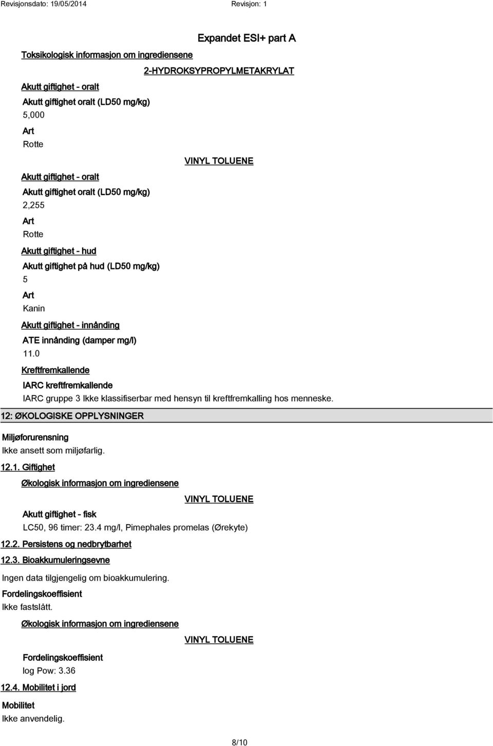 0 Kreftfremkallende IARC kreftfremkallende IARC gruppe 3 Ikke klassifiserbar med hensyn til kreftfremkalling hos menneske. 12: ØKOLOGISKE OPPLYSNINGER Miljøforurensning Ikke ansett som miljøfarlig.