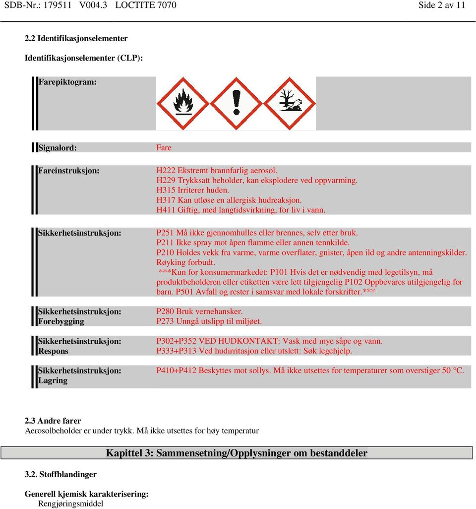 Sikkerhetsinstruksjon: Lagring Fare H222 Ekstremt brannfarlig aerosol. H229 Trykksatt beholder, kan eksplodere ved oppvarming. H315 Irriterer huden. H317 Kan utløse en allergisk hudreaksjon.