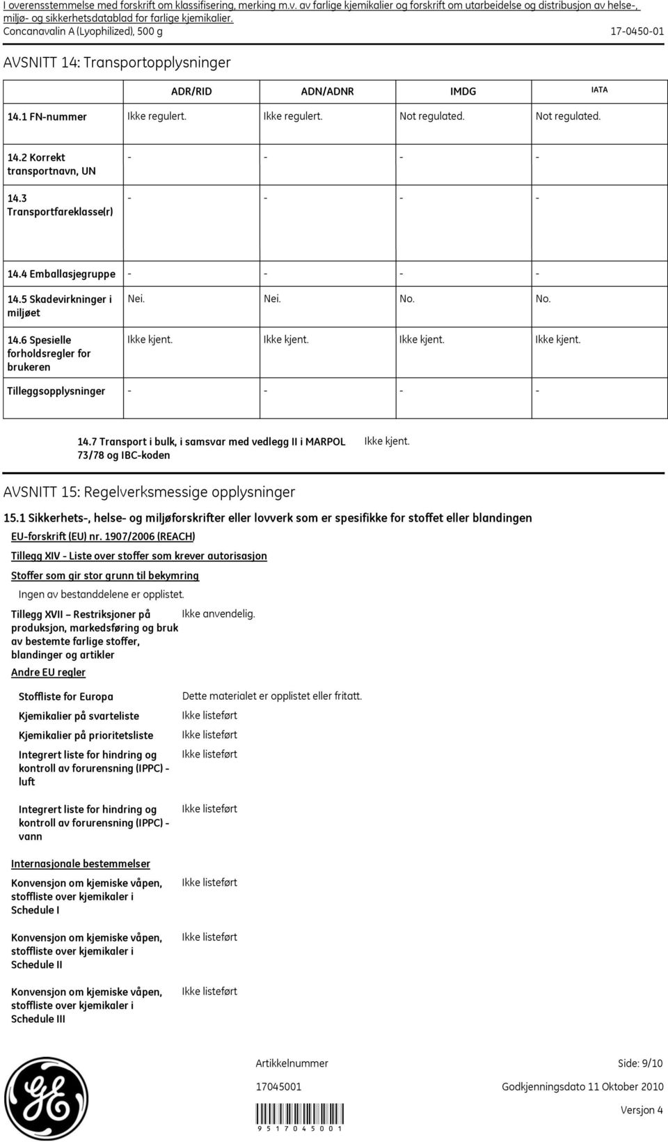 7 Transport i bulk, i samsvar med vedlegg II i MARPOL 73/78 og IBC-koden AVSNITT 15: Regelverksmessige opplysninger 15.