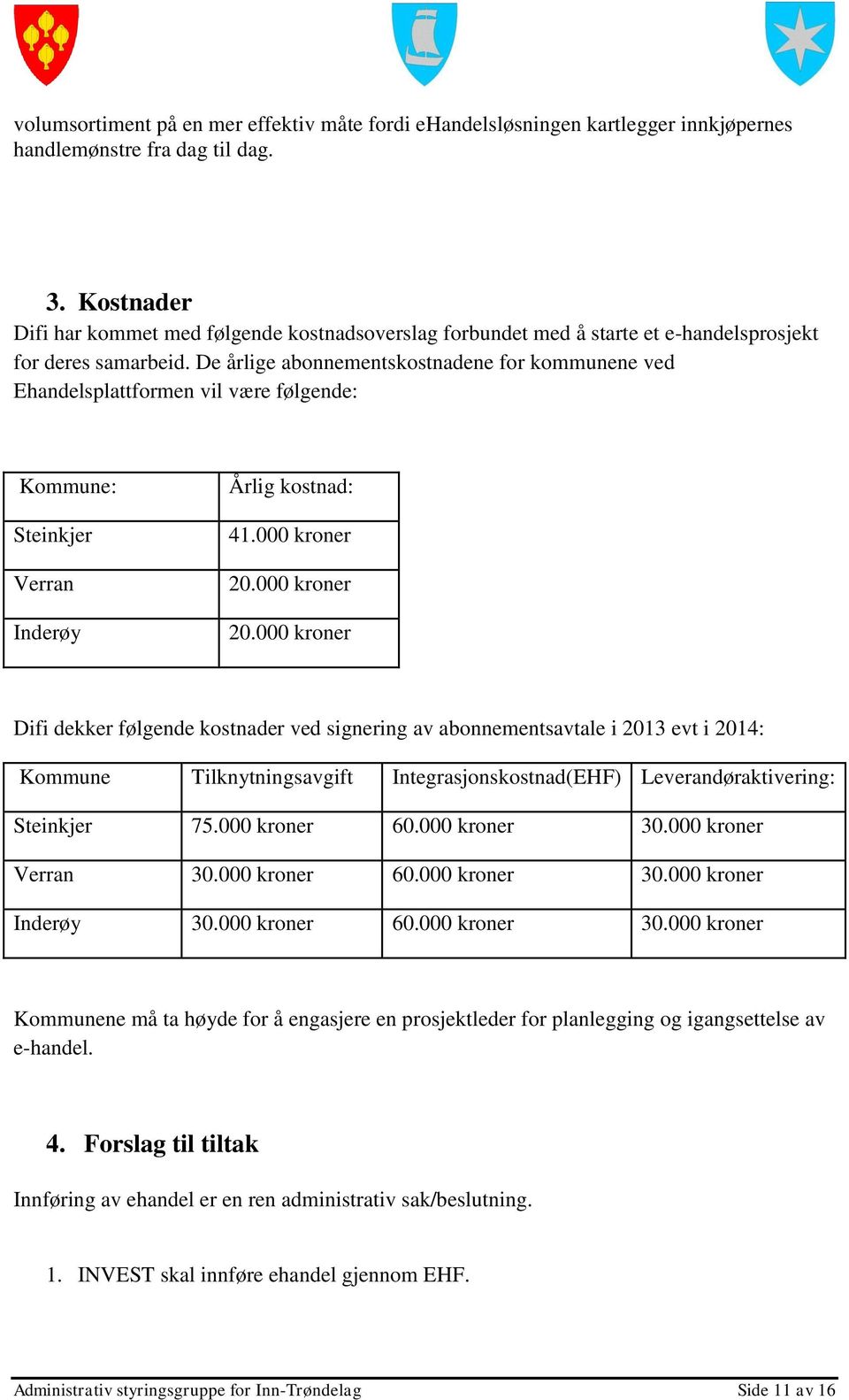 De årlige abonnementskostnadene for kommunene ved Ehandelsplattformen vil være følgende: Kommune: Steinkjer Verran Inderøy Årlig kostnad: 41.000 kroner 20.