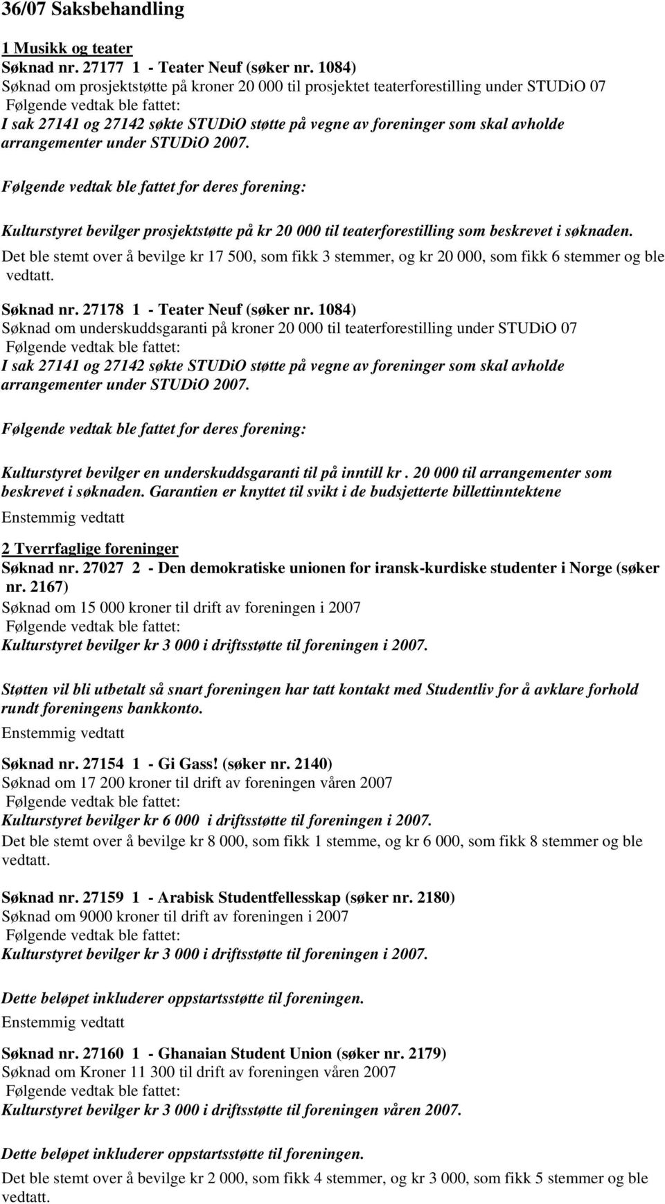 Det ble stemt over å bevilge kr 17 500, som fikk 3 stemmer, og kr 20 000, som fikk 6 stemmer og ble vedtatt. Søknad nr. 27178 1 - Teater Neuf (søker nr.