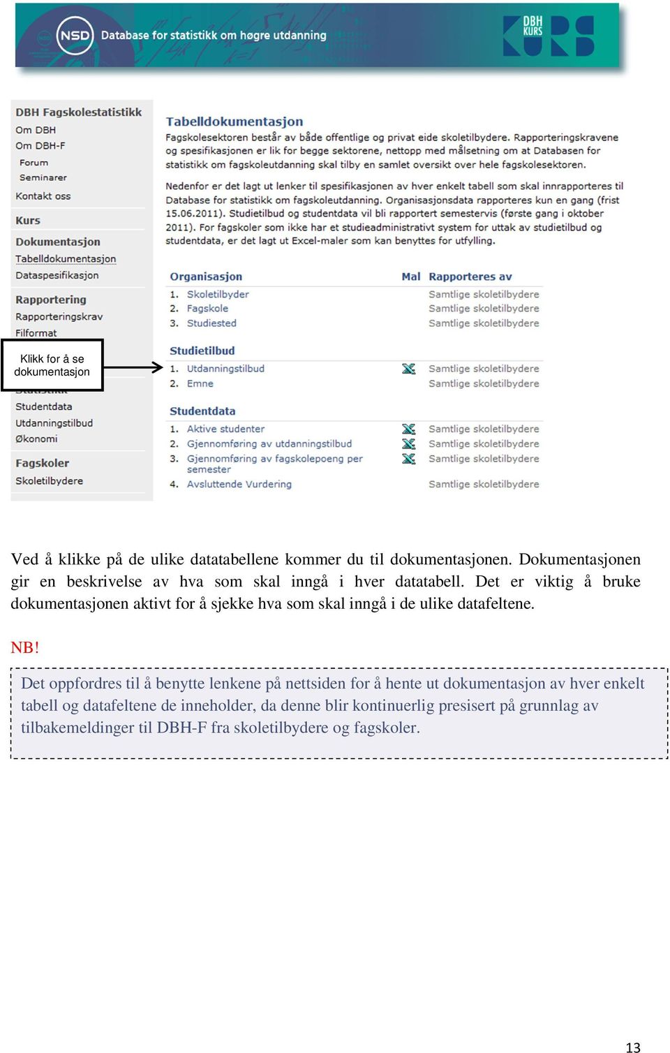 Det er viktig å bruke dokumentasjonen aktivt for å sjekke hva som skal inngå i de ulike datafeltene. NB!