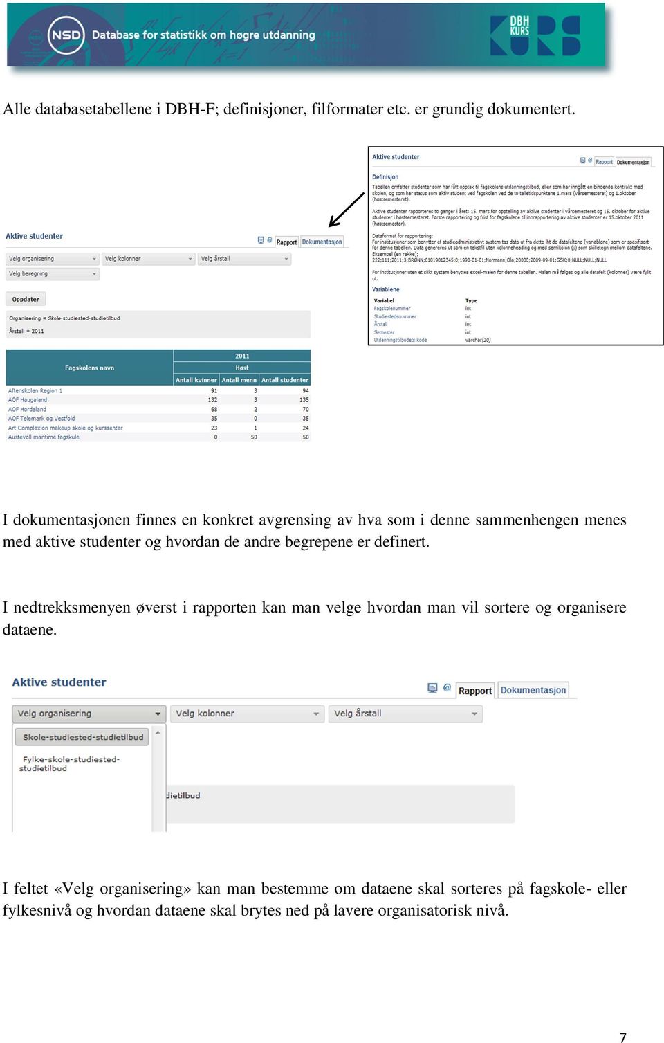 begrepene er definert. I nedtrekksmenyen øverst i rapporten kan man velge hvordan man vil sortere og organisere dataene.