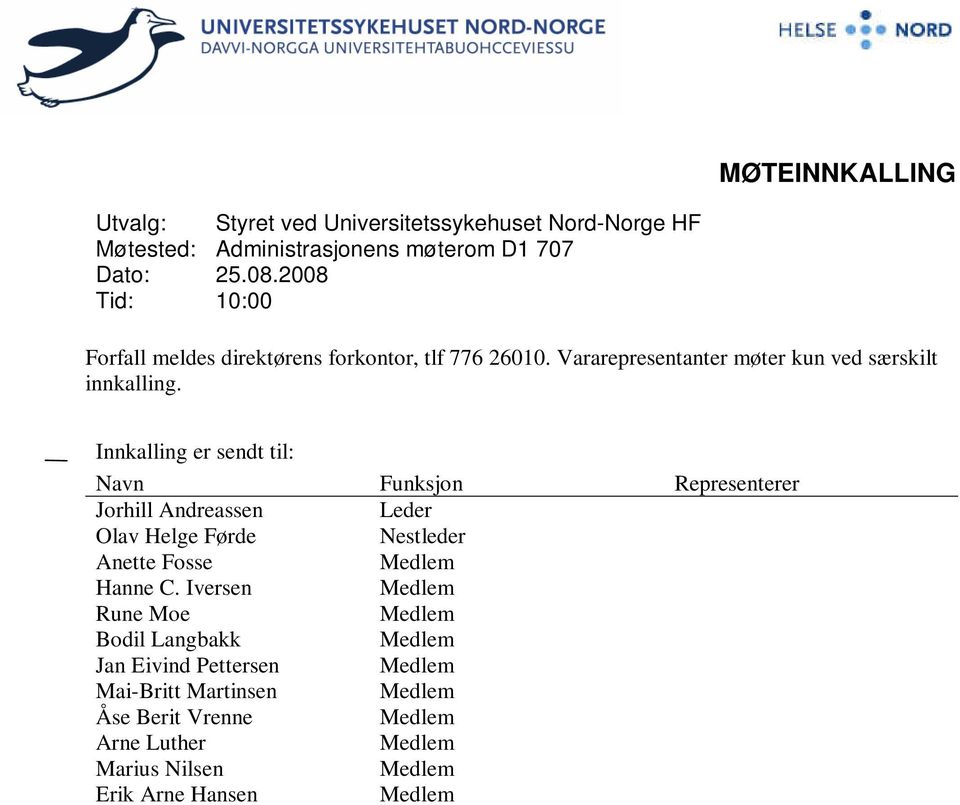 Innkalling er sendt til: Navn Funksjon Representerer Jorhill Andreassen Leder Olav Helge Førde Nestleder Anette Fosse Medlem Hanne C.