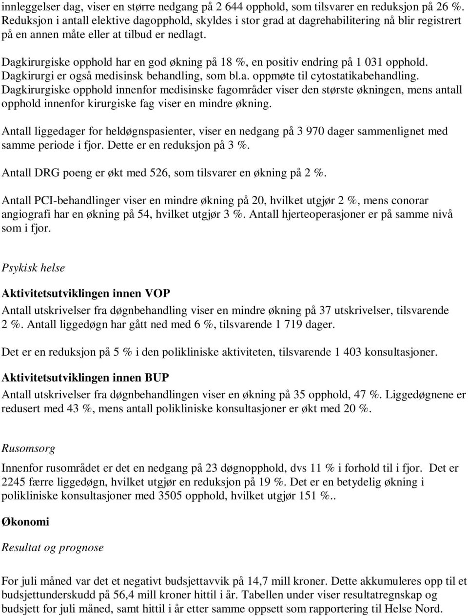 Dagkirurgiske opphold har en god økning på 18 %, en positiv endring på 1 031 opphold. Dagkirurgi er også medisinsk behandling, som bl.a. oppmøte til cytostatikabehandling.