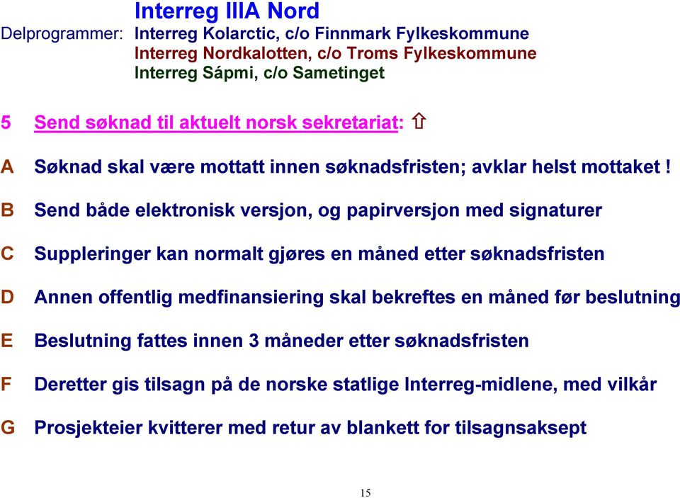 B Send både elektronisk versjon, og papirversjon med signaturer C Suppleringer kan normalt gjøres en måned etter søknadsfristen D Annen offentlig medfinansiering skal