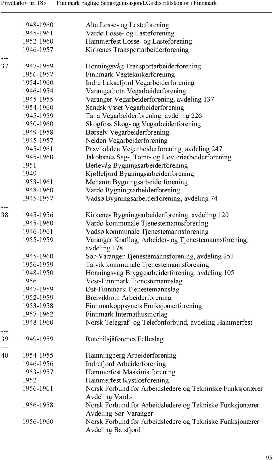 avdeling 137 1954-1960 Sandskrysset Vegarbeiderforening 1945-1959 Tana Vegarbeiderforening, avdeling 226 1950-1960 Skogfoss Skog- og Vegarbeiderforening 1949-1958 Børselv Vegarbeiderforening
