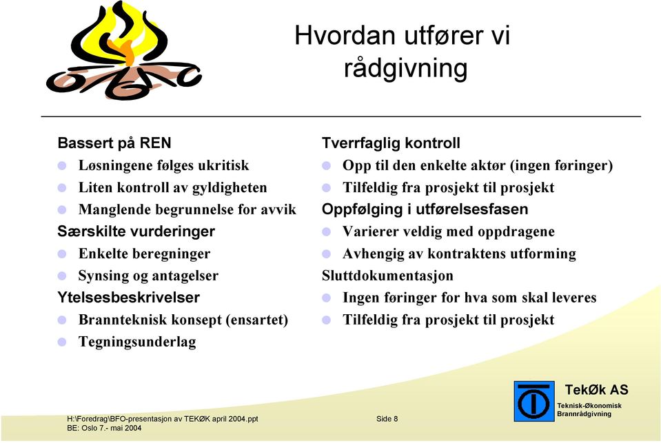 den enkelte aktør (ingen føringer) Tilfeldig fra prosjekt til prosjekt Oppfølging i utførelsesfasen Varierer veldig med oppdragene Avhengig av