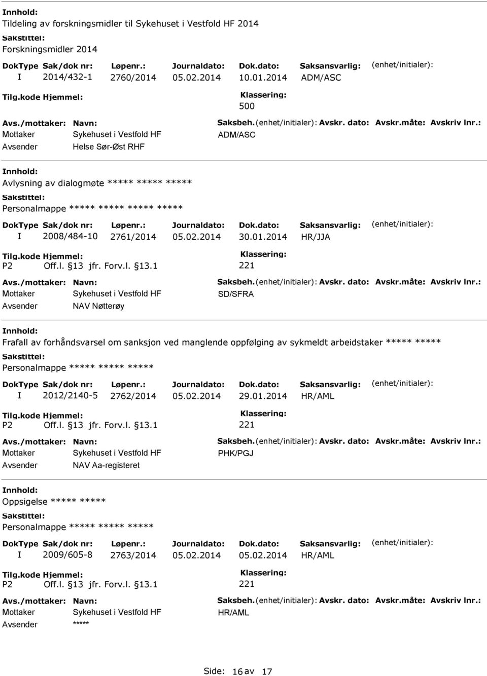 2014/432-1 2760/2014 10.01.2014 ADM/ASC 500 ADM/ASC Avsender Helse Sør-Øst RHF nnhold: Avlysning av dialogmøte Personalmappe