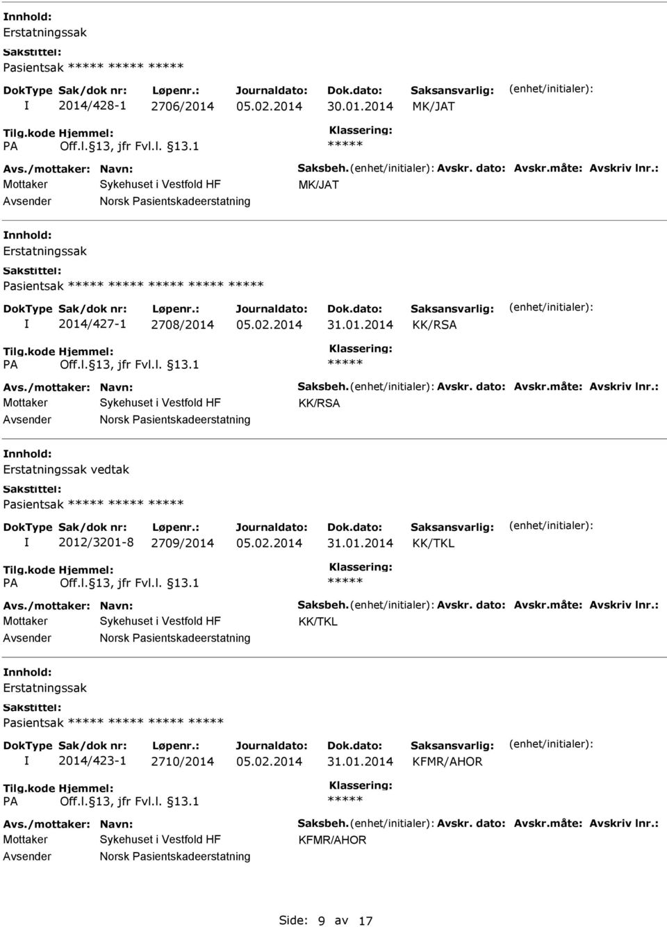 nnhold: Erstatningssak vedtak Pasientsak 2012/3201-8 2709/2014 KK/TKL