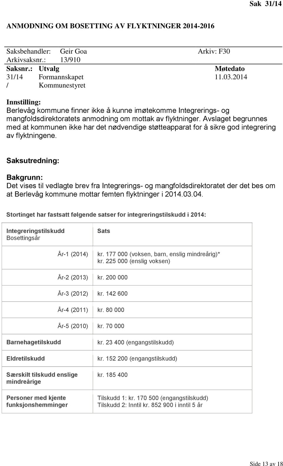 Avslaget begrunnes med at kommunen ikke har det nødvendige støtteapparat for å sikre god integrering av flyktningene.