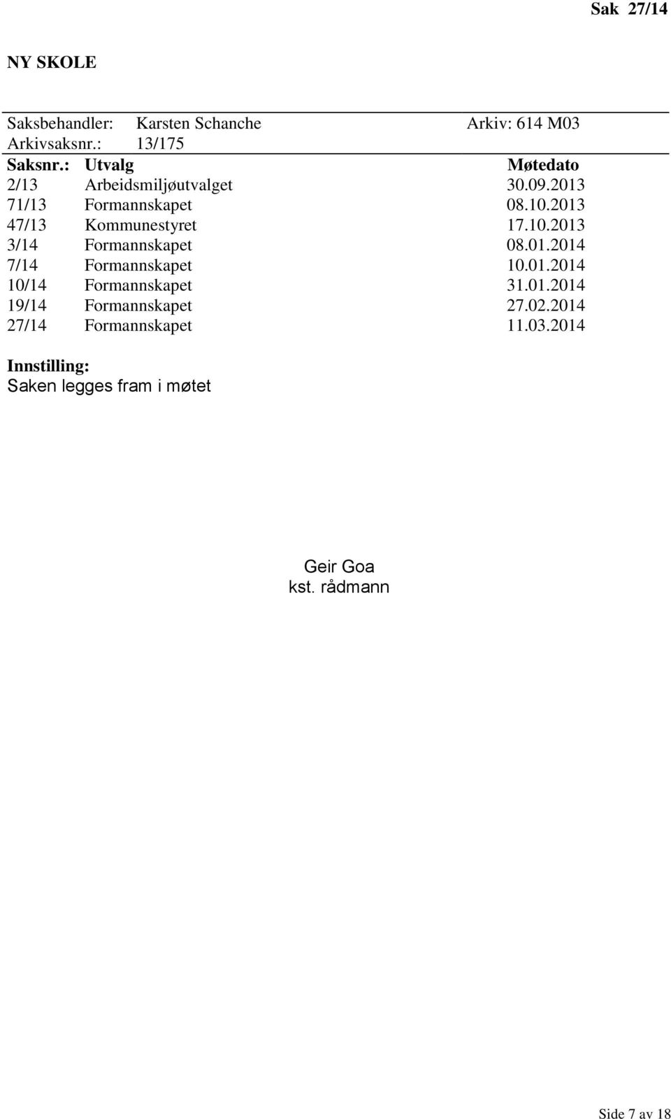 10.2013 3/14 Formannskapet 08.01.2014 7/14 Formannskapet 10.01.2014 10/14 Formannskapet 31.01.2014 19/14 Formannskapet 27.