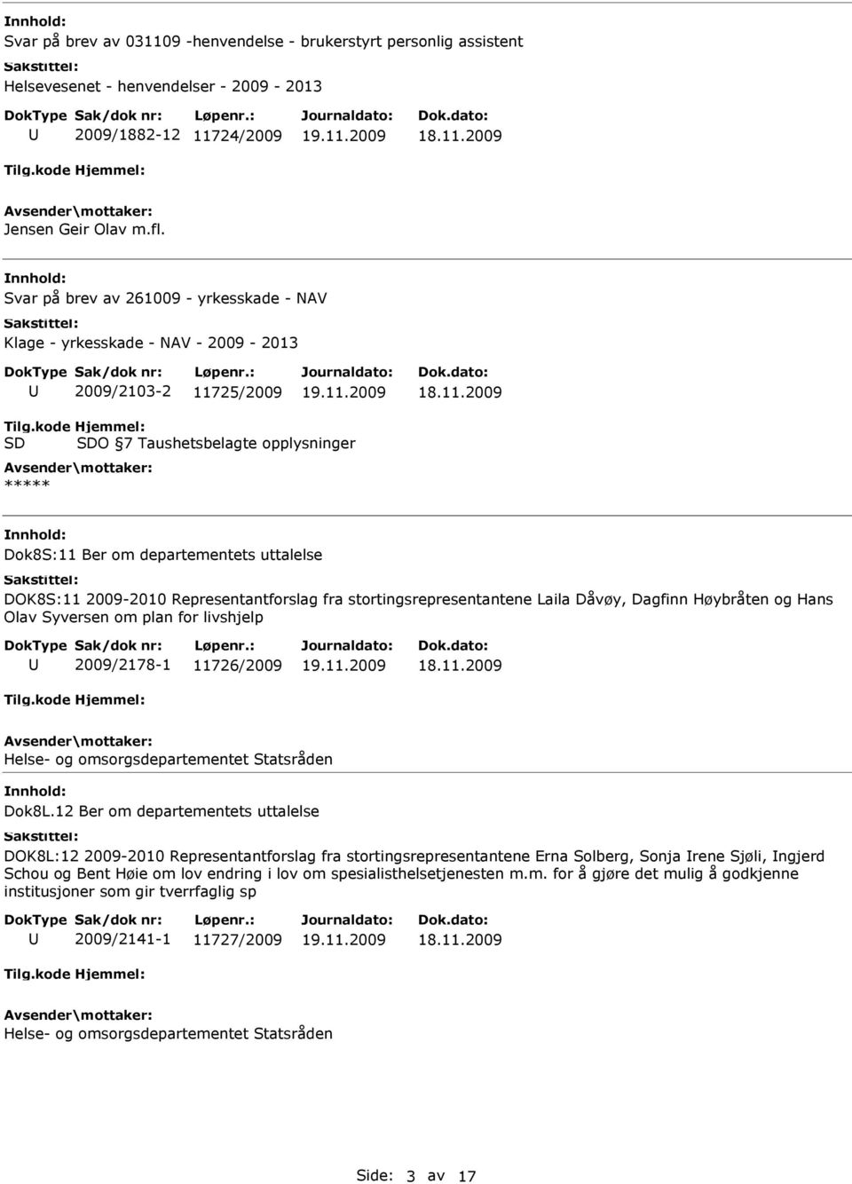 kode SD Hjemmel: SDO 7 Taushetsbelagte opplysninger ***** Dok8S:11 Ber om departementets uttalelse DOK8S:11 2009-2010 Representantforslag fra stortingsrepresentantene Laila Dåvøy, Dagfinn Høybråten