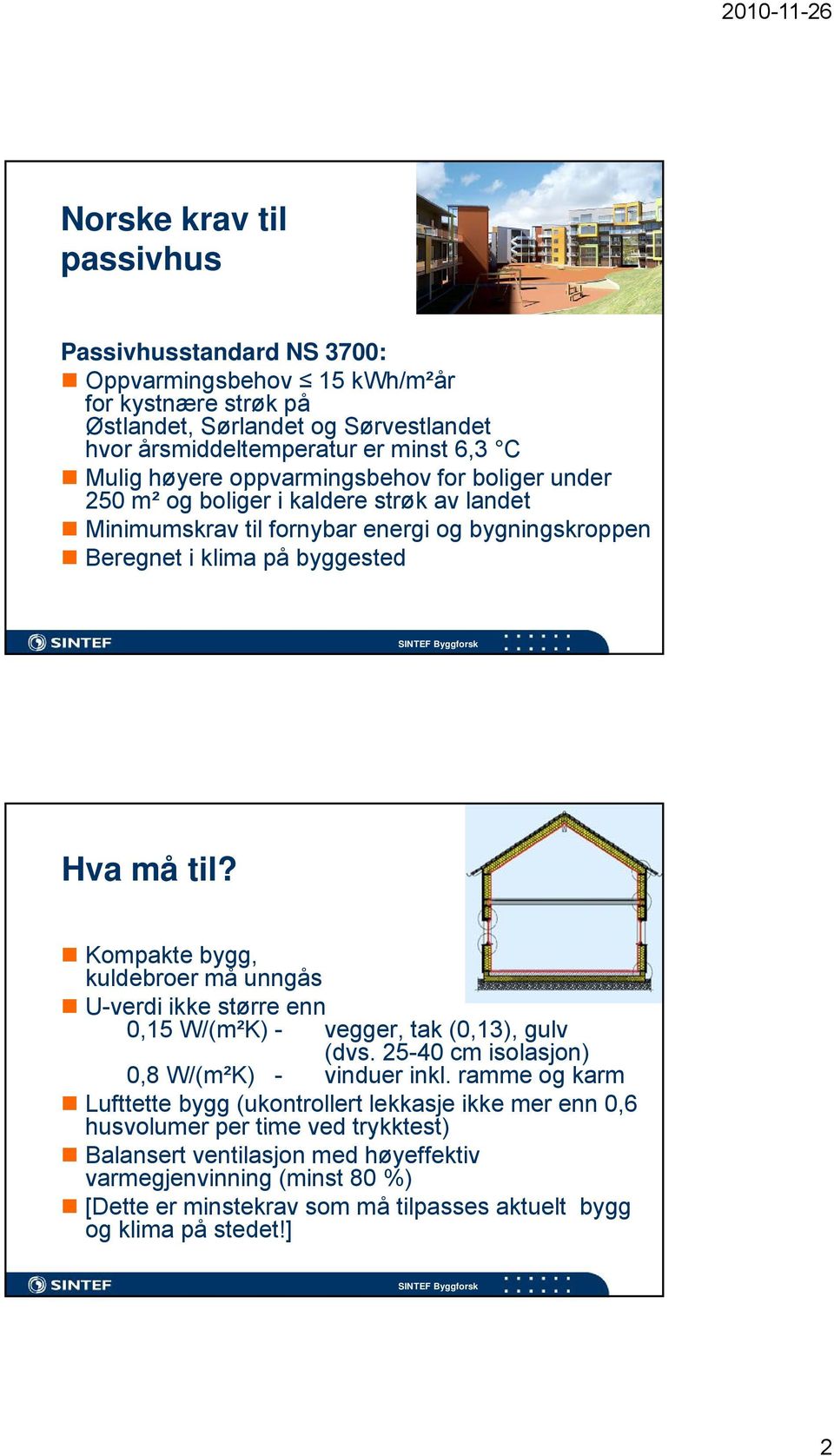 Kompakte bygg, kuldebroer må unngås U-verdi ikke større enn 0,15 W/(m²K) - vegger, tak (0,13), gulv (dvs. 25-40 cm isolasjon) 0,8 W/(m²K) - vinduer inkl.