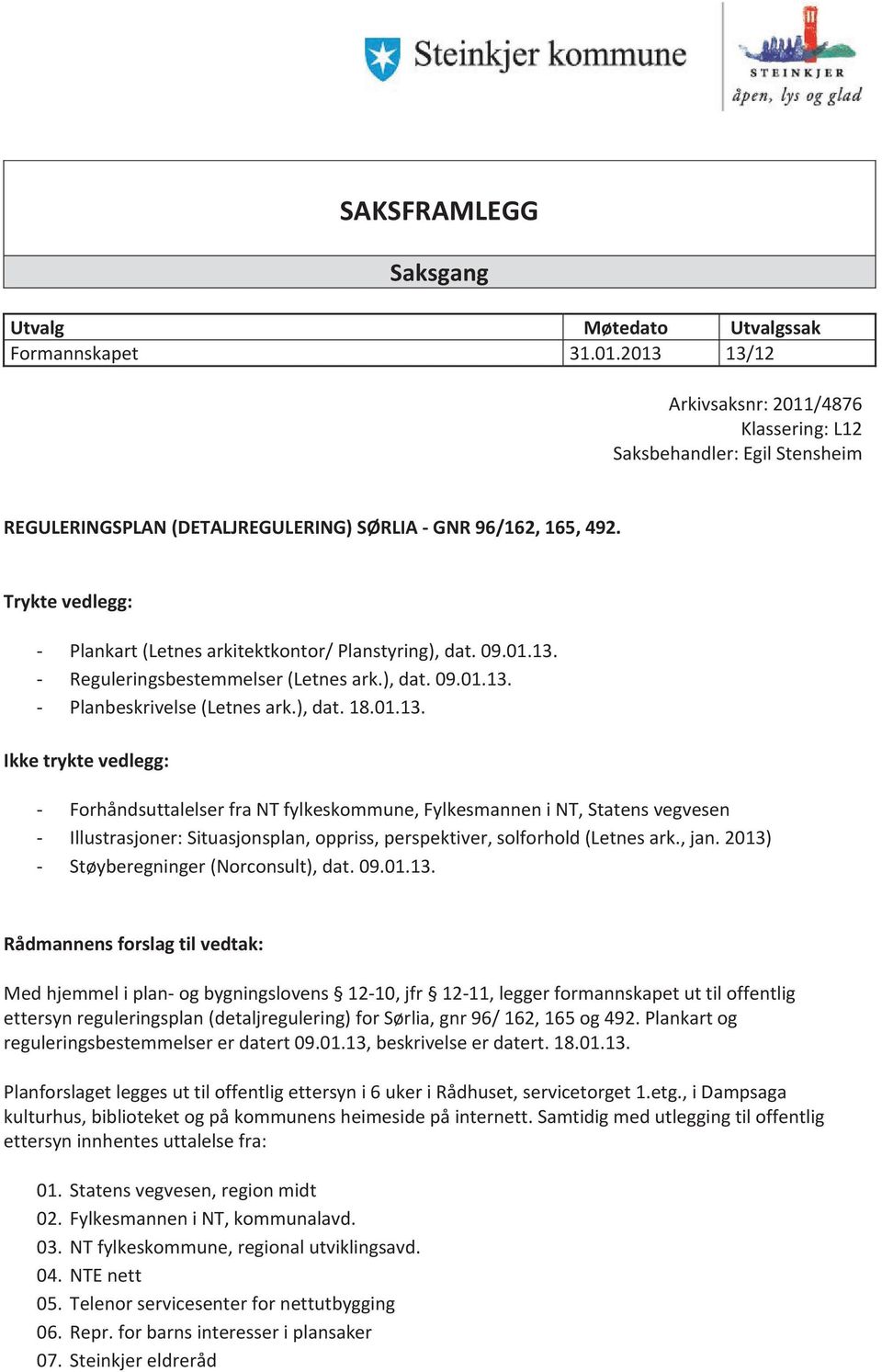 Trykte vedlegg: - Plankart (Letnes arkitektkontor/ Planstyring), dat. 09.01.13.