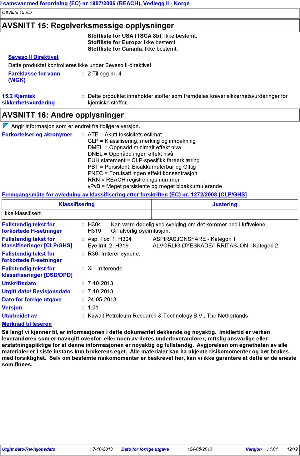 Dette produktet kontrolleres ikke under Seveso IIdirektivet. Fareklasse for vann 2 Tillegg nr.