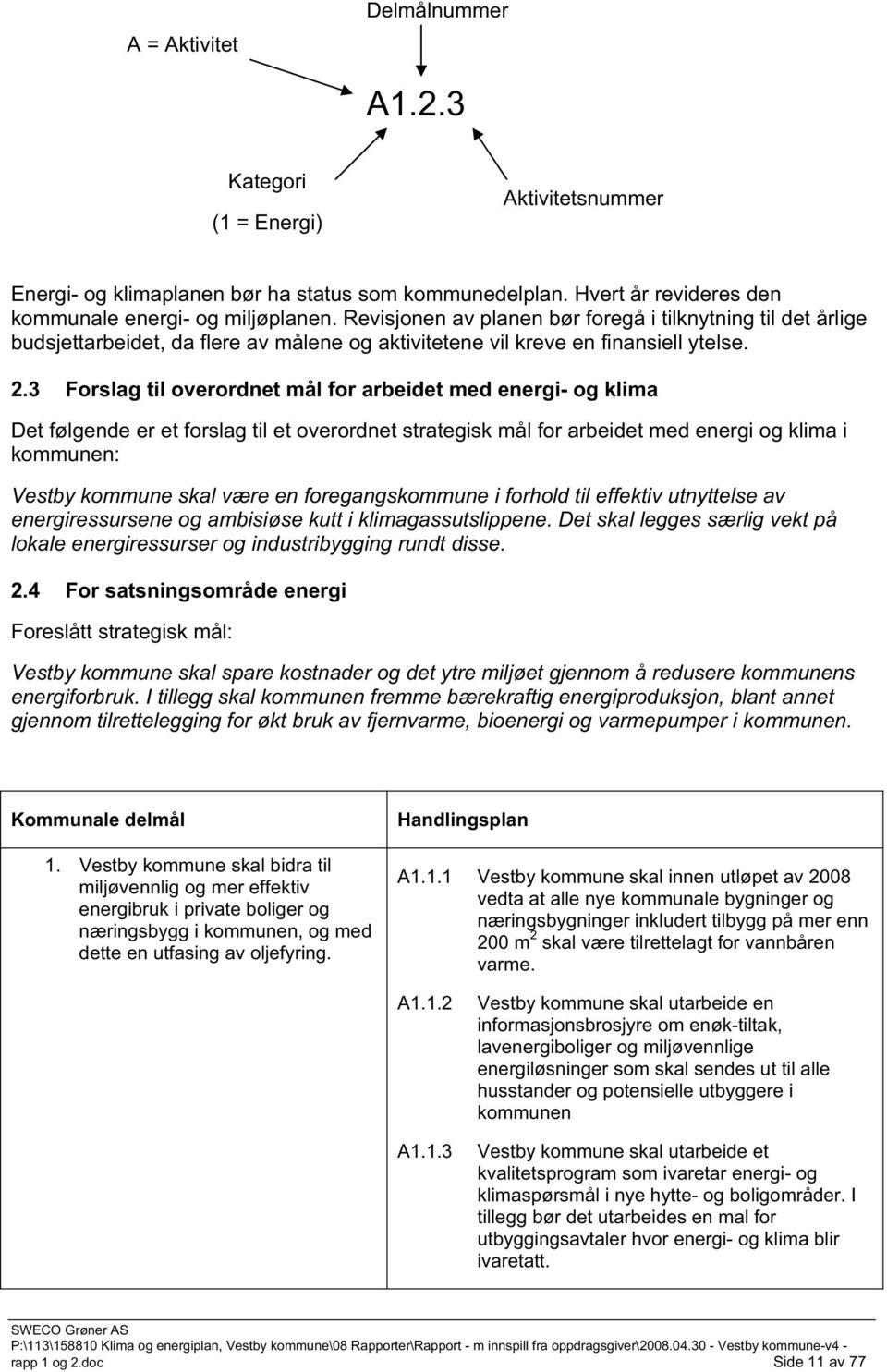 3 Forslag til overordnet mål for arbeidet med energi- og klima Det følgende er et forslag til et overordnet strategisk mål for arbeidet med energi og klima i kommunen: Vestby kommune skal være en